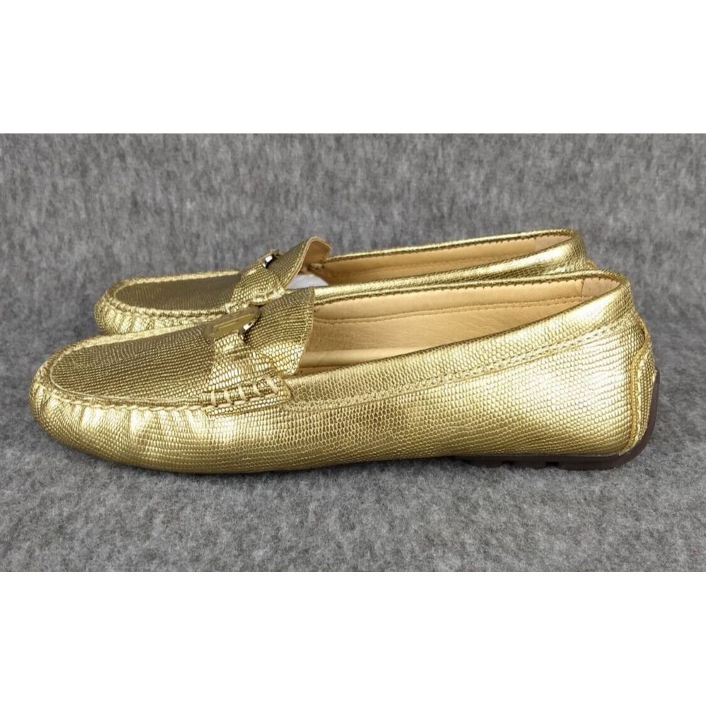RALPH LAUREN Gold Leather Flats LRL Logo Metallic Lizard‎ Carley Loafer 7.5 NEW